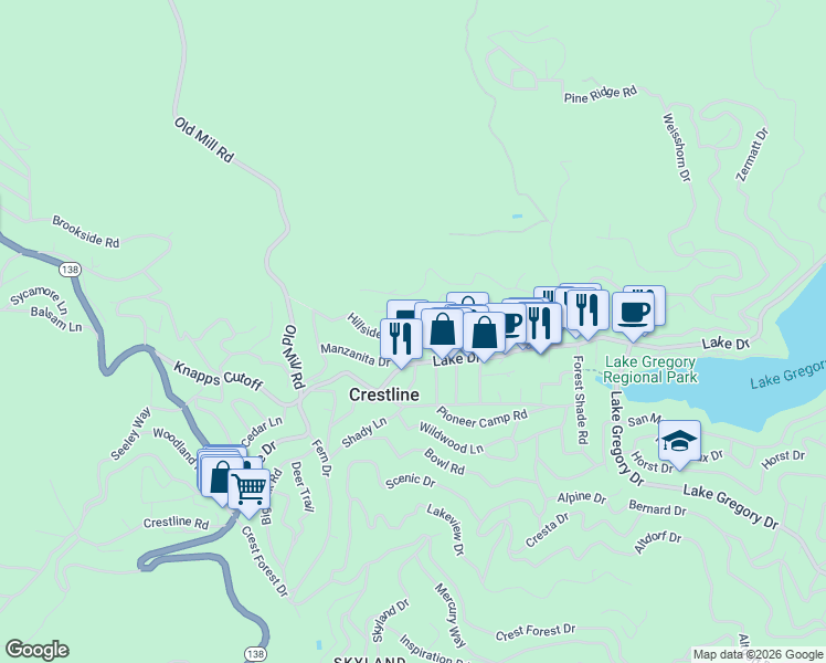 map of restaurants, bars, coffee shops, grocery stores, and more near 544 Springy Path in Crestline