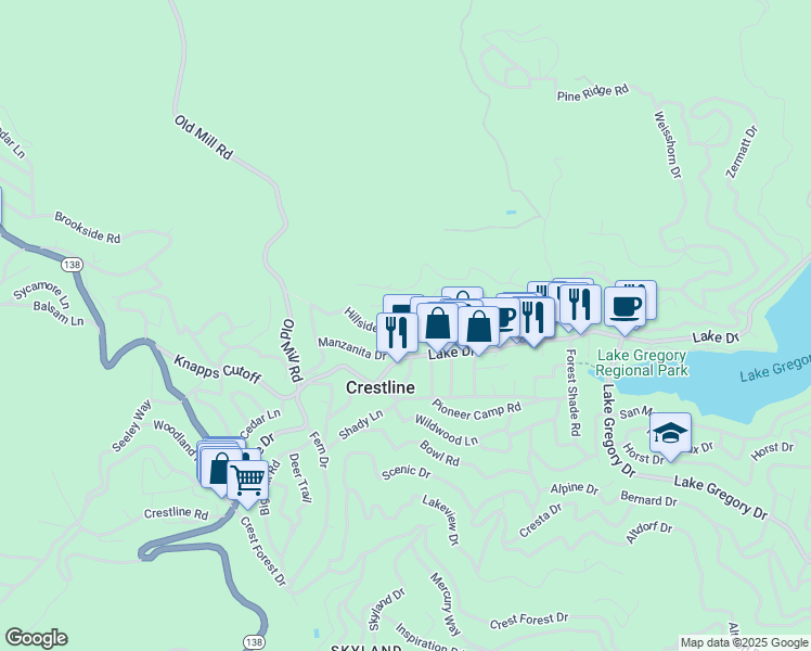 map of restaurants, bars, coffee shops, grocery stores, and more near 544 Springy Path in Crestline
