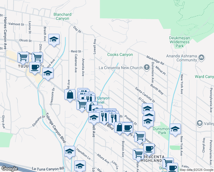 map of restaurants, bars, coffee shops, grocery stores, and more near 3921 Los Olivos Lane in Glendale