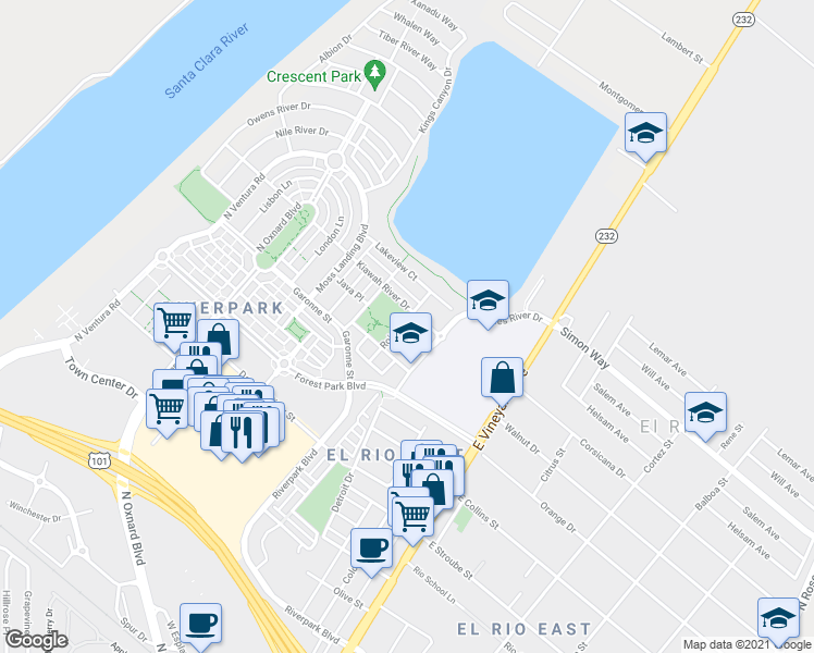 map of restaurants, bars, coffee shops, grocery stores, and more near 3064 Roia Lane in Oxnard