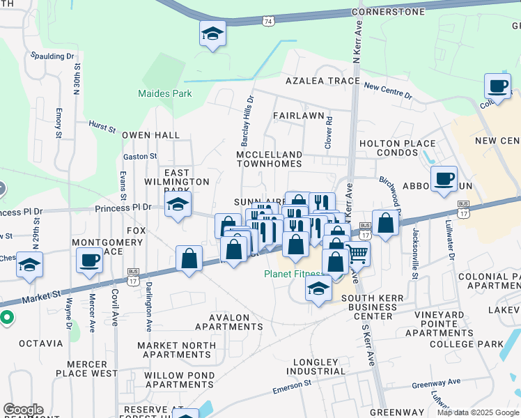 map of restaurants, bars, coffee shops, grocery stores, and more near 4105 Princess Place Drive in Wilmington