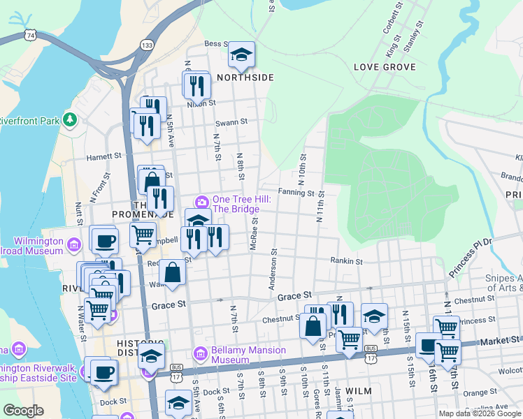 map of restaurants, bars, coffee shops, grocery stores, and more near 614 North 8th Street in Wilmington