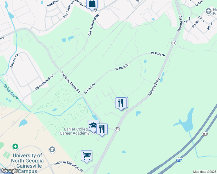map of restaurants, bars, coffee shops, grocery stores, and more near 2697 Creek Mill Lane in Gainesville