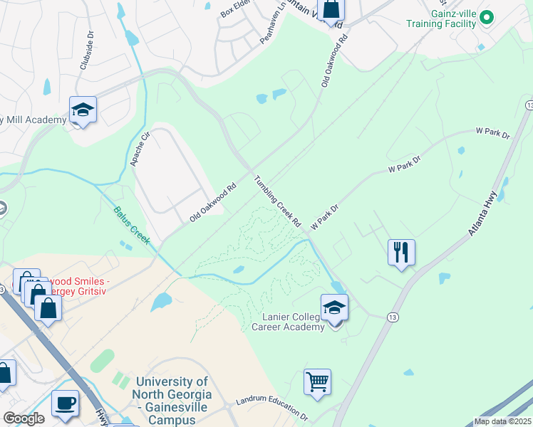 map of restaurants, bars, coffee shops, grocery stores, and more near 3055 Tumbling Creek Road in Gainesville