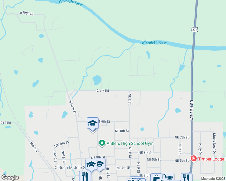 map of restaurants, bars, coffee shops, grocery stores, and more near 506 Northeast 12th Street in Antlers