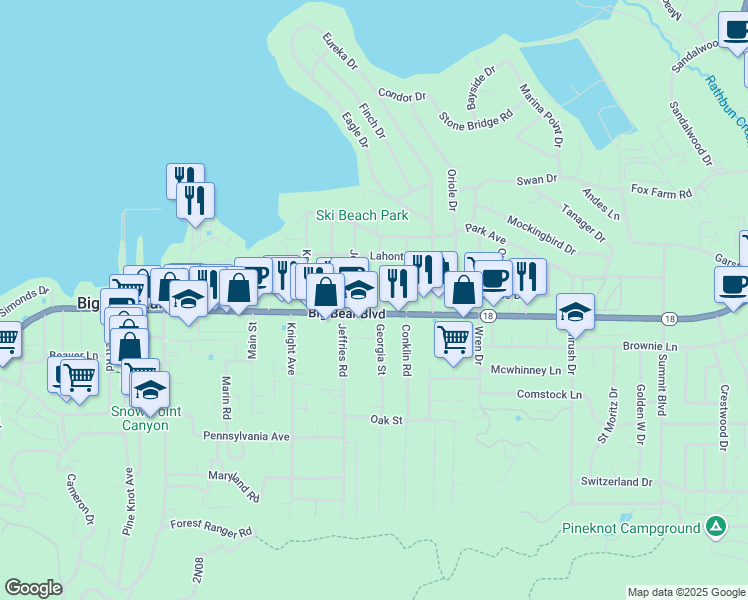 map of restaurants, bars, coffee shops, grocery stores, and more near 474 Georgia Street in Big Bear Lake