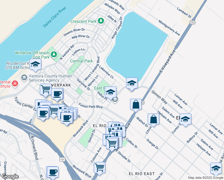 map of restaurants, bars, coffee shops, grocery stores, and more near 344 Kiawah River Drive in Oxnard