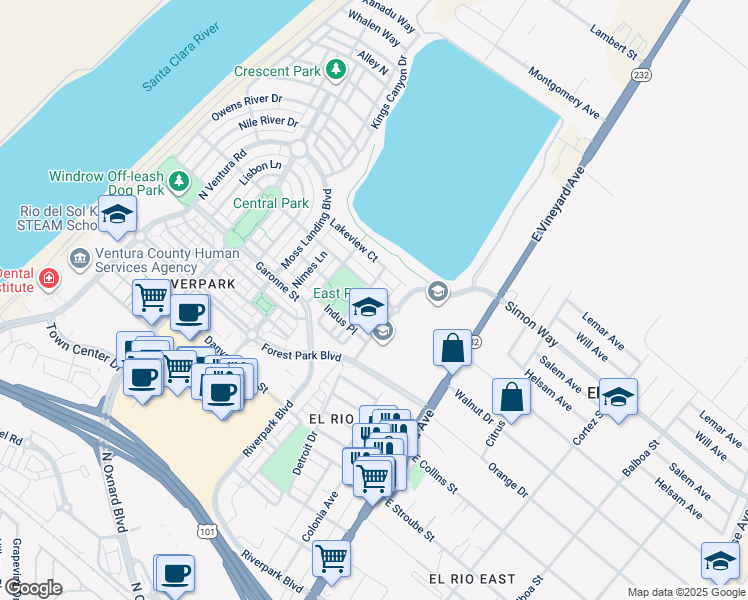 map of restaurants, bars, coffee shops, grocery stores, and more near 344 Kiawah River Drive in Oxnard