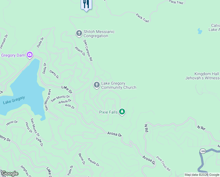 map of restaurants, bars, coffee shops, grocery stores, and more near 25086 Boa Drive in Crestline