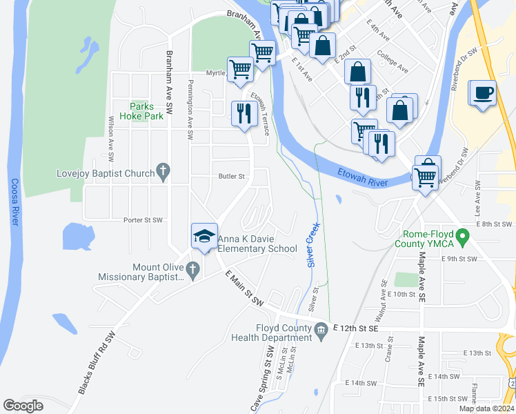 map of restaurants, bars, coffee shops, grocery stores, and more near 7 Lytle Avenue Southwest in Rome