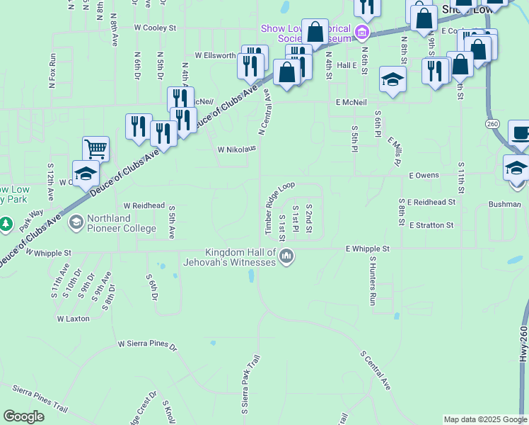 map of restaurants, bars, coffee shops, grocery stores, and more near 650 South 1st Street in Show Low