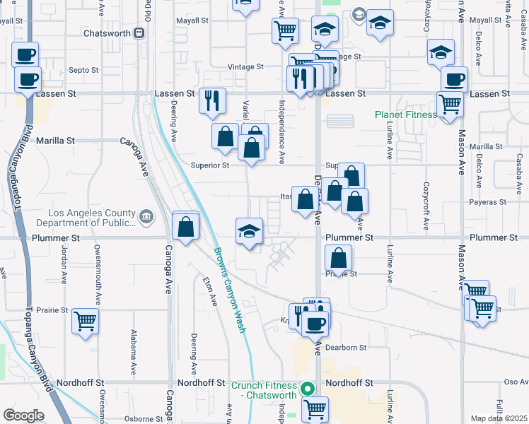 map of restaurants, bars, coffee shops, grocery stores, and more near 21001 Plummer Street in Los Angeles