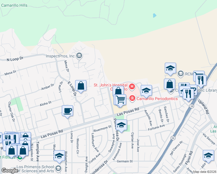 map of restaurants, bars, coffee shops, grocery stores, and more near 2713 Antonio Avenue in Camarillo