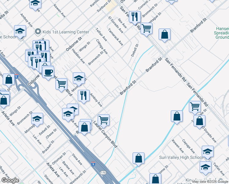 map of restaurants, bars, coffee shops, grocery stores, and more near 9562 Sundance Street in Los Angeles