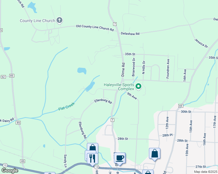 map of restaurants, bars, coffee shops, grocery stores, and more near 703-717 31st Street in Haleyville