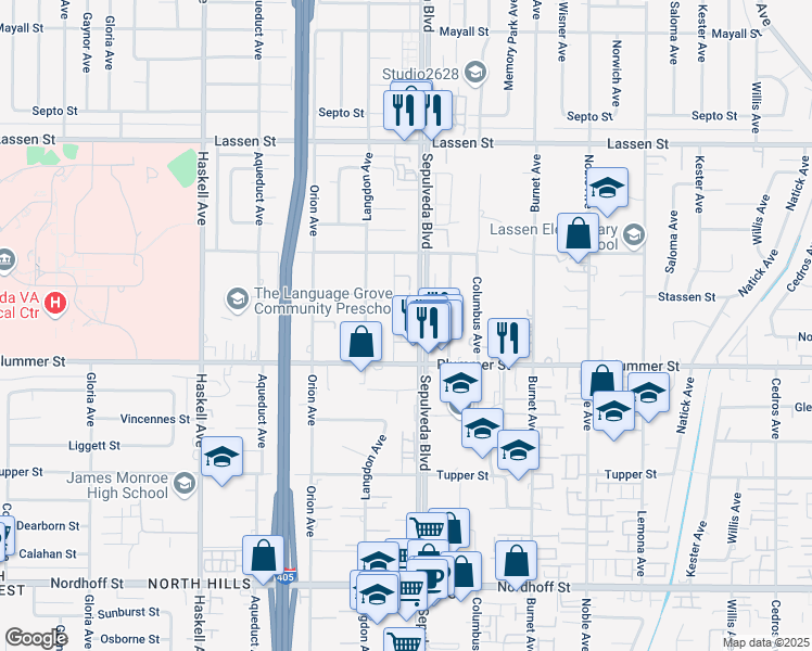 map of restaurants, bars, coffee shops, grocery stores, and more near 9505 Sepulveda Boulevard in Los Angeles
