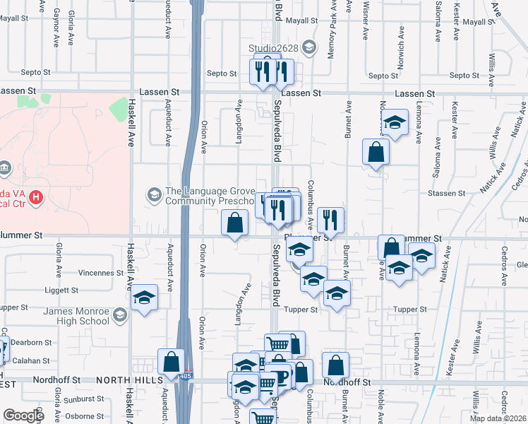 map of restaurants, bars, coffee shops, grocery stores, and more near 9525 Sepulveda Boulevard in Los Angeles