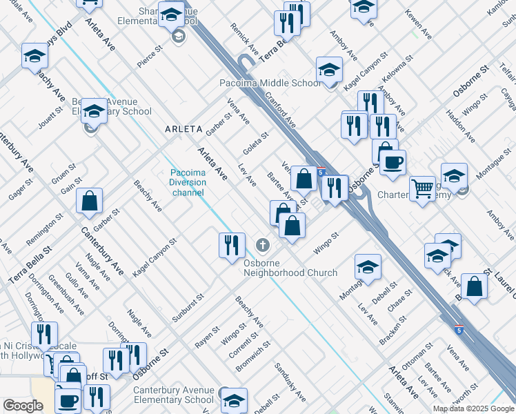 map of restaurants, bars, coffee shops, grocery stores, and more near 9580 Arleta Avenue in Los Angeles