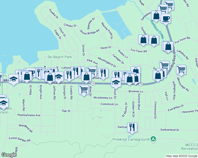 map of restaurants, bars, coffee shops, grocery stores, and more near Tahoe Drive in Big Bear Lake