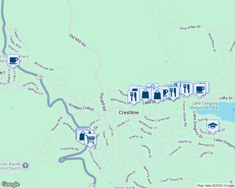 map of restaurants, bars, coffee shops, grocery stores, and more near 23684 Manzanita Drive in Crestline