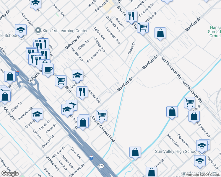 map of restaurants, bars, coffee shops, grocery stores, and more near 9562 Sundance Street in Los Angeles