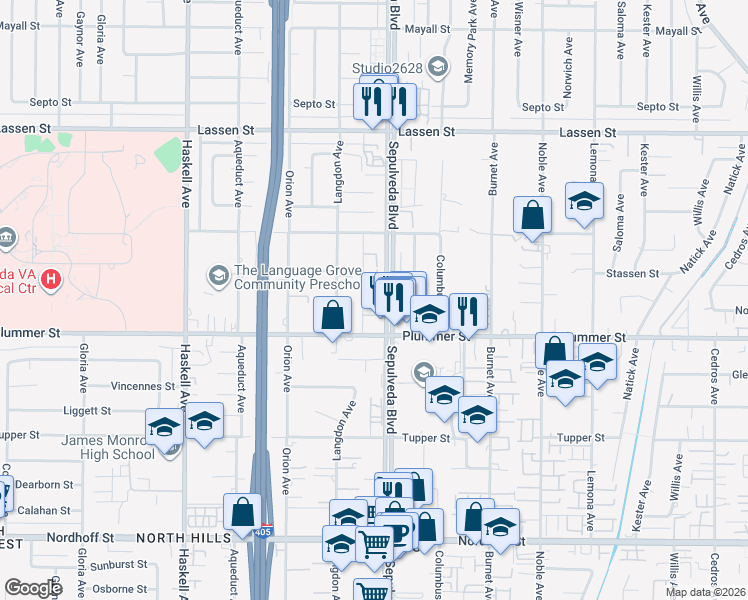map of restaurants, bars, coffee shops, grocery stores, and more near 9525 Sepulveda Boulevard in Los Angeles