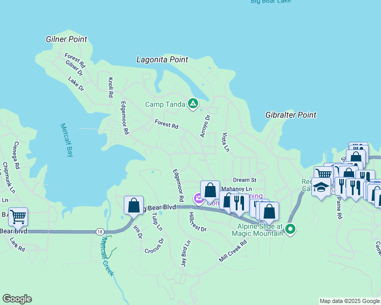 map of restaurants, bars, coffee shops, grocery stores, and more near 39990 Trail of the Whispering Pines in Big Bear Lake