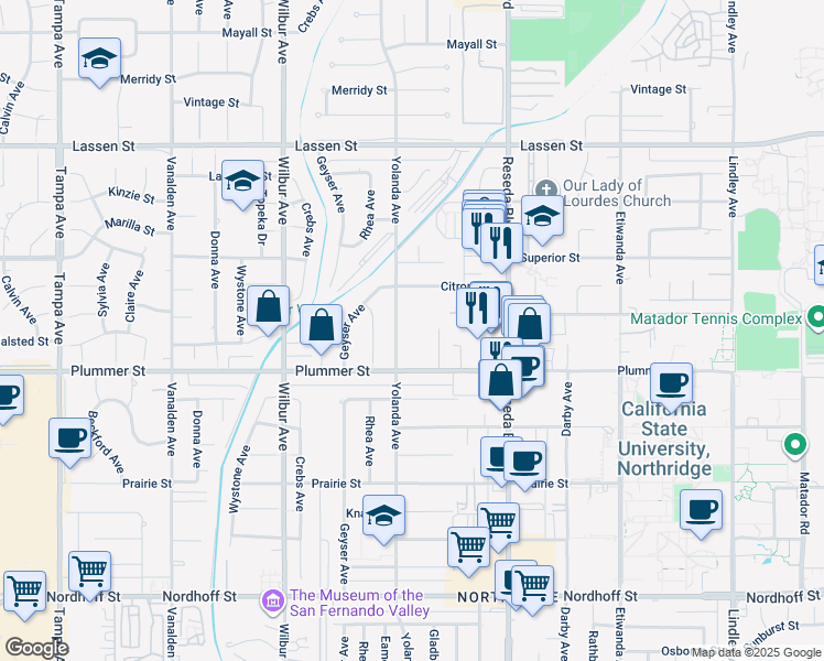 map of restaurants, bars, coffee shops, grocery stores, and more near 9542 Yolanda Avenue in Los Angeles