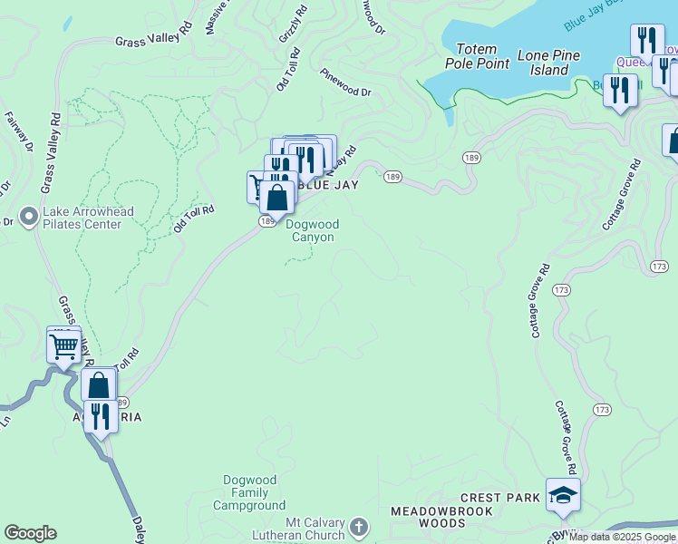 map of restaurants, bars, coffee shops, grocery stores, and more near 523 Dogwood Canyon Road in Lake Arrowhead
