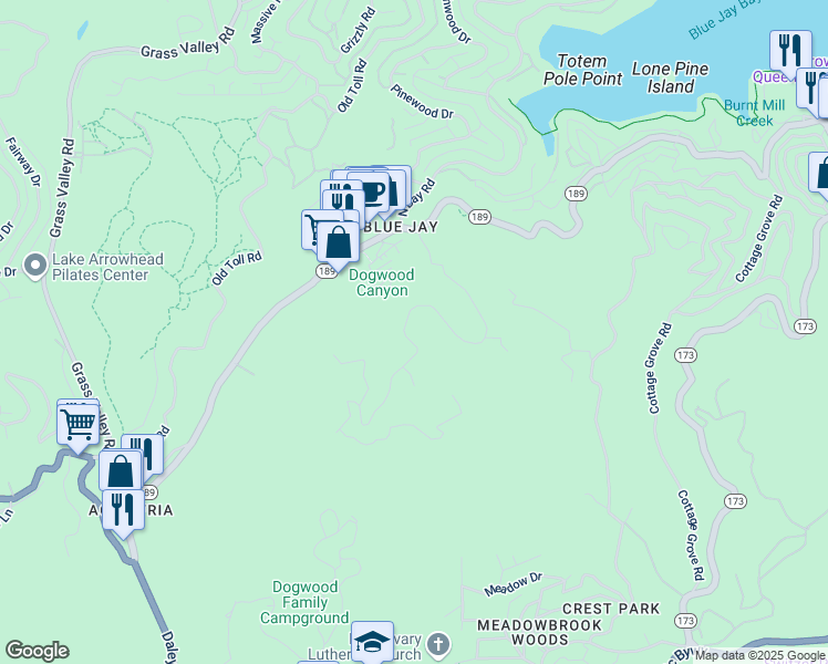 map of restaurants, bars, coffee shops, grocery stores, and more near 523 Dogwood Canyon Road in Lake Arrowhead