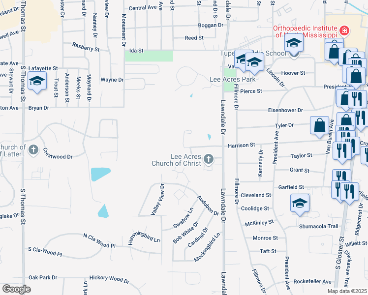map of restaurants, bars, coffee shops, grocery stores, and more near 1 Hidden Valley Drive in Tupelo