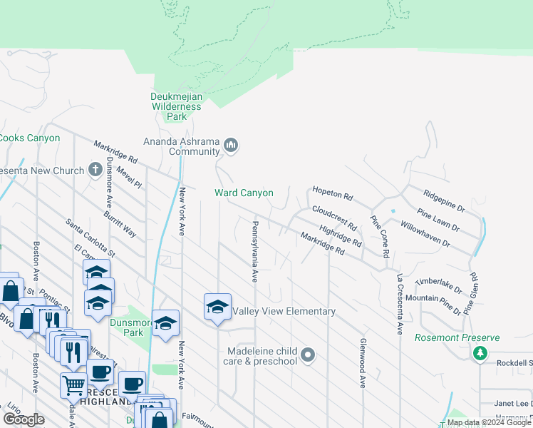 map of restaurants, bars, coffee shops, grocery stores, and more near 5301 Quail Canyon Road in Glendale