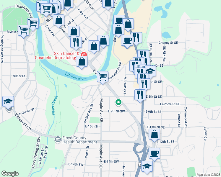 map of restaurants, bars, coffee shops, grocery stores, and more near 725 East 2nd Avenue in Rome