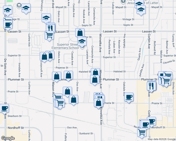 map of restaurants, bars, coffee shops, grocery stores, and more near 20221 Halsted Street in Los Angeles