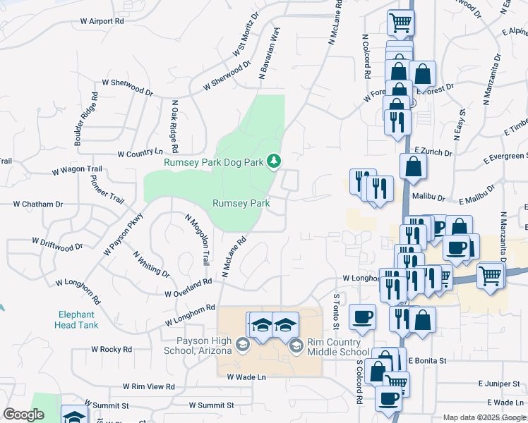 map of restaurants, bars, coffee shops, grocery stores, and more near 325 North McLane Road in Payson
