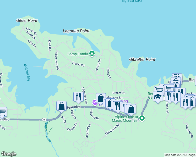 map of restaurants, bars, coffee shops, grocery stores, and more near 40052 Forest Road in Big Bear Lake