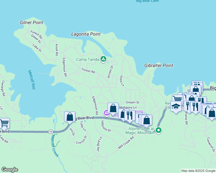 map of restaurants, bars, coffee shops, grocery stores, and more near 40052 Forest Road in Big Bear Lake