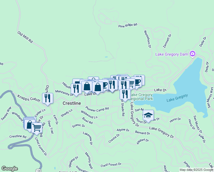 map of restaurants, bars, coffee shops, grocery stores, and more near 23972 Lake Drive in Crestline