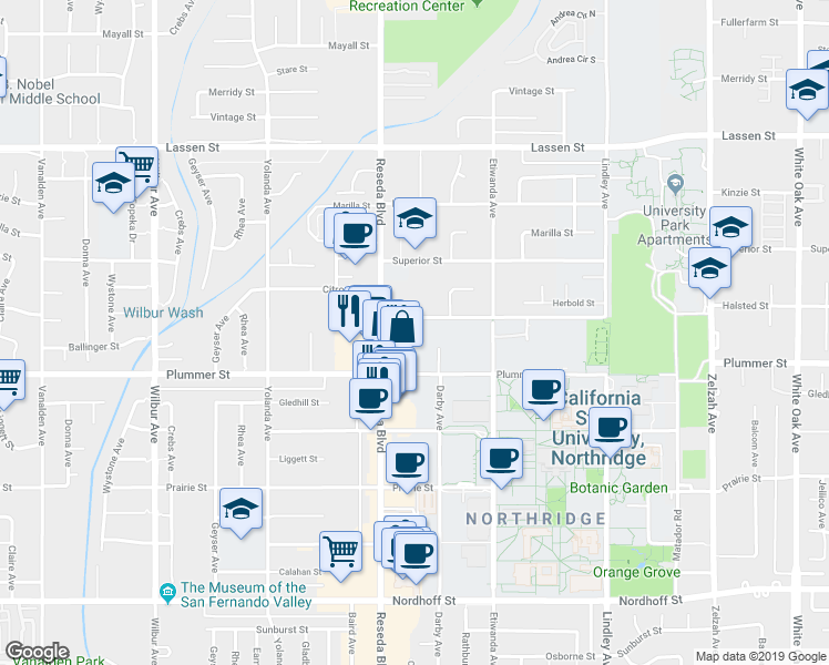 map of restaurants, bars, coffee shops, grocery stores, and more near 18411 Plummer Street in Los Angeles