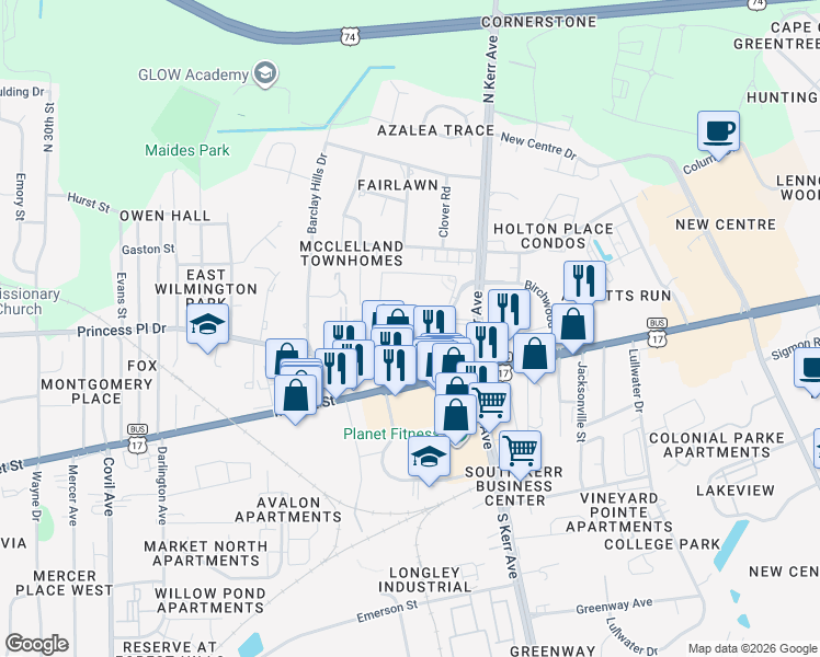 map of restaurants, bars, coffee shops, grocery stores, and more near 4231 Princess Place Drive in Wilmington