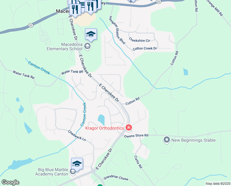 map of restaurants, bars, coffee shops, grocery stores, and more near 130 Brayden Park Drive in Canton