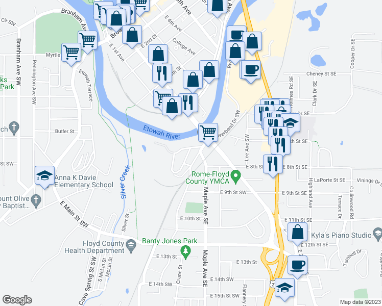 map of restaurants, bars, coffee shops, grocery stores, and more near 3 Coral Avenue Southwest in Rome