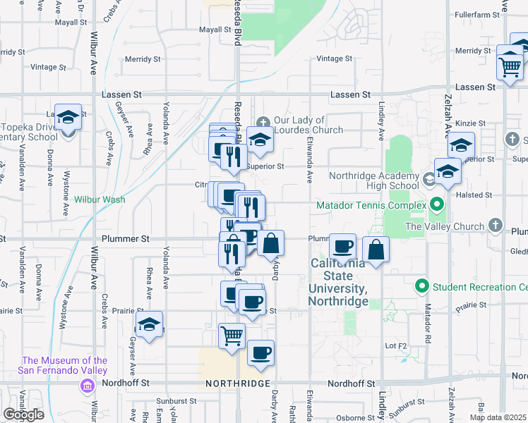 map of restaurants, bars, coffee shops, grocery stores, and more near 18416 Halsted Street in Los Angeles