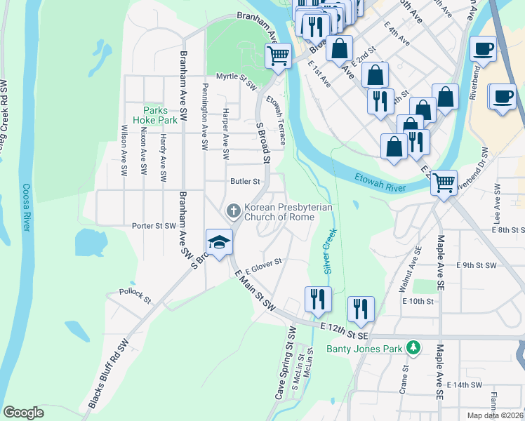 map of restaurants, bars, coffee shops, grocery stores, and more near 1 Lytle Avenue Southwest in Rome