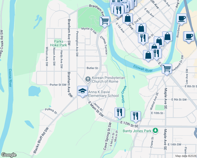 map of restaurants, bars, coffee shops, grocery stores, and more near 1 Lytle Avenue Southwest in Rome