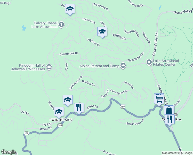 map of restaurants, bars, coffee shops, grocery stores, and more near 26328 Jacqueline Road in Lake Arrowhead