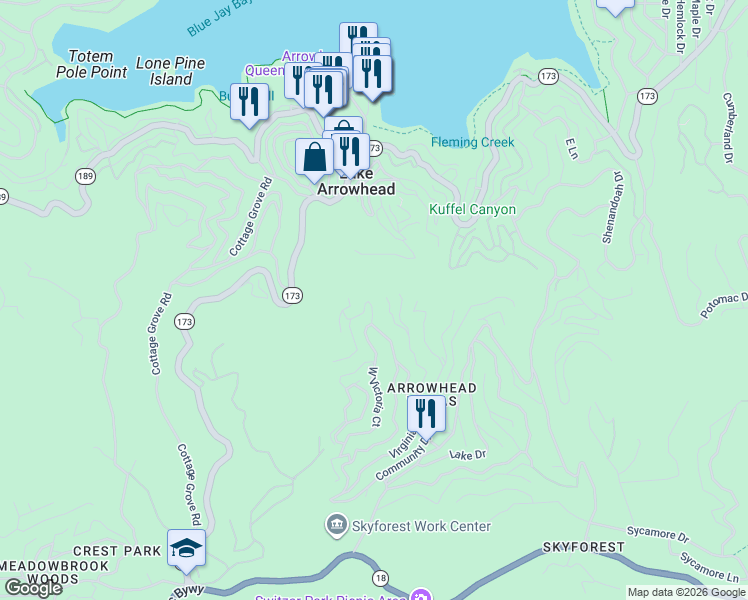 map of restaurants, bars, coffee shops, grocery stores, and more near 545 West Victoria Court in Lake Arrowhead