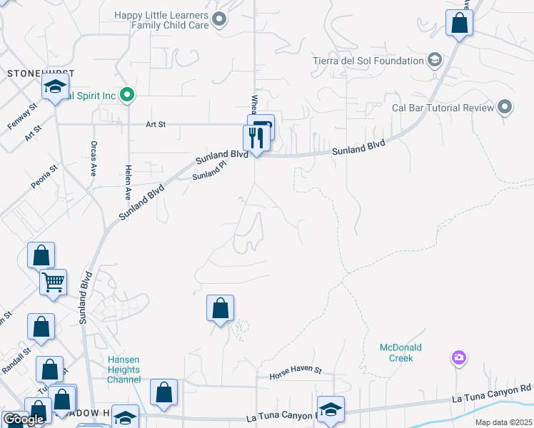 map of restaurants, bars, coffee shops, grocery stores, and more near 9658 Wheatland Avenue in Los Angeles