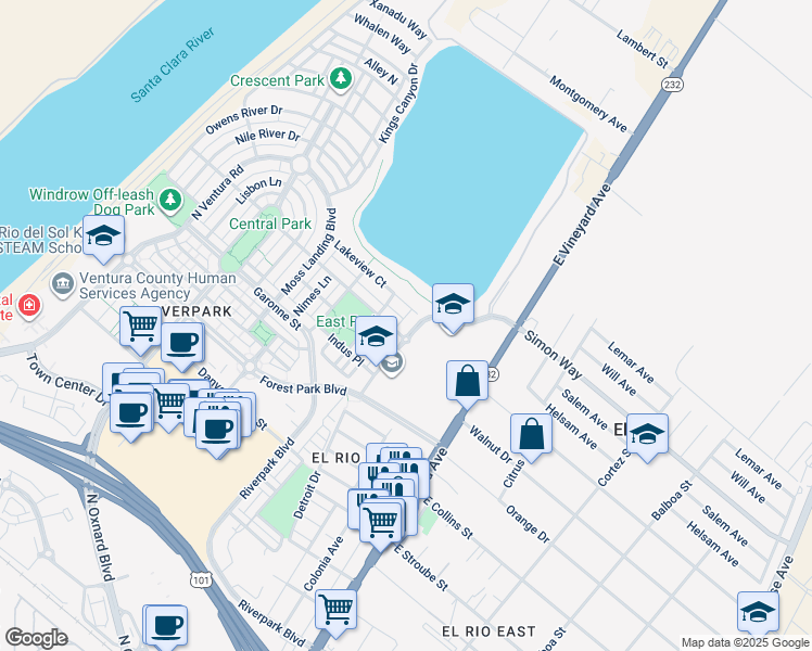 map of restaurants, bars, coffee shops, grocery stores, and more near 3153 Thames River Drive in Oxnard