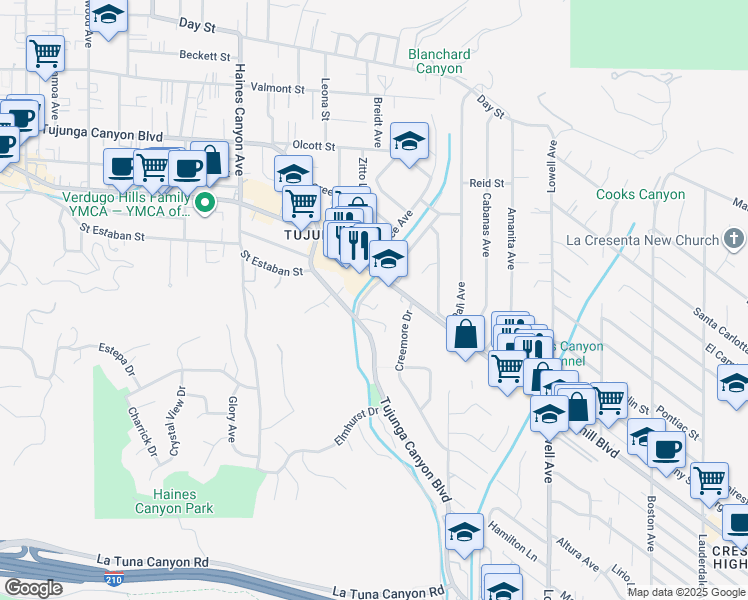 map of restaurants, bars, coffee shops, grocery stores, and more near 9736 Tujunga Canyon Place in Los Angeles